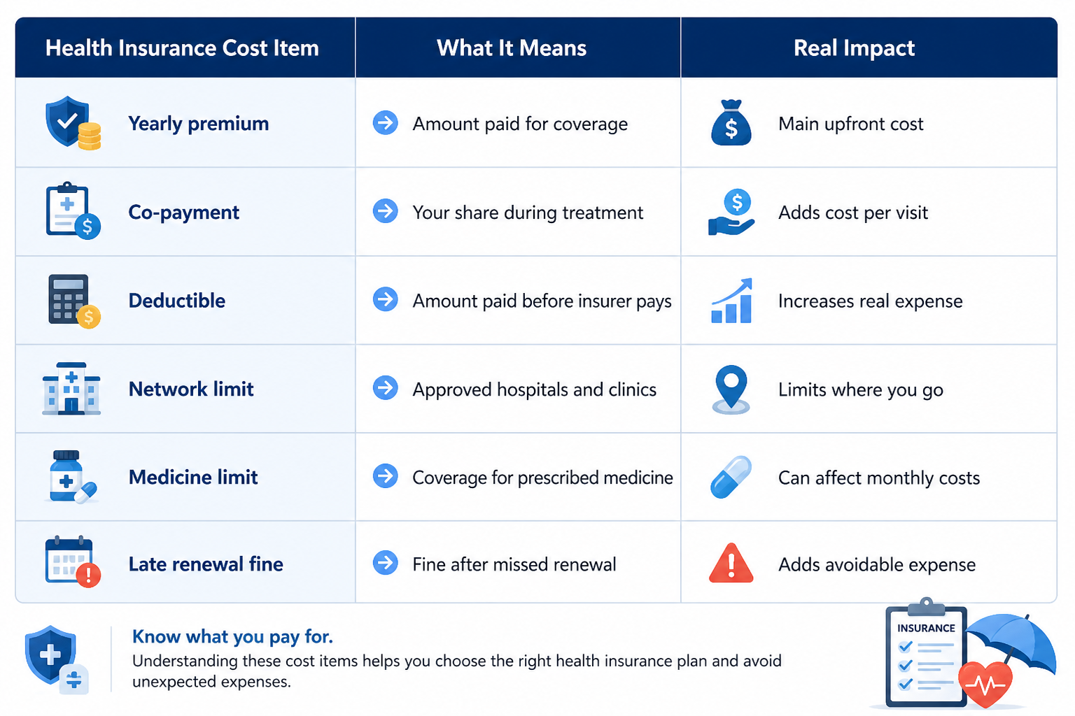 Abu Dhabi health insurance cost breakdown with premiums, co-payments, deductibles, network limits, medicine limits, and renewal fines.