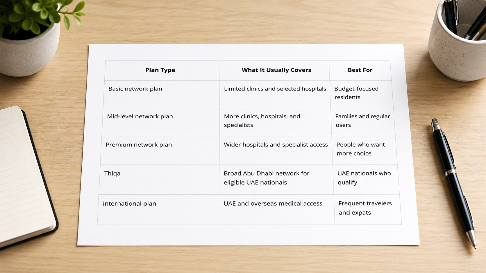 Abu Dhabi health insurance plan comparison table for hospital network coverage.