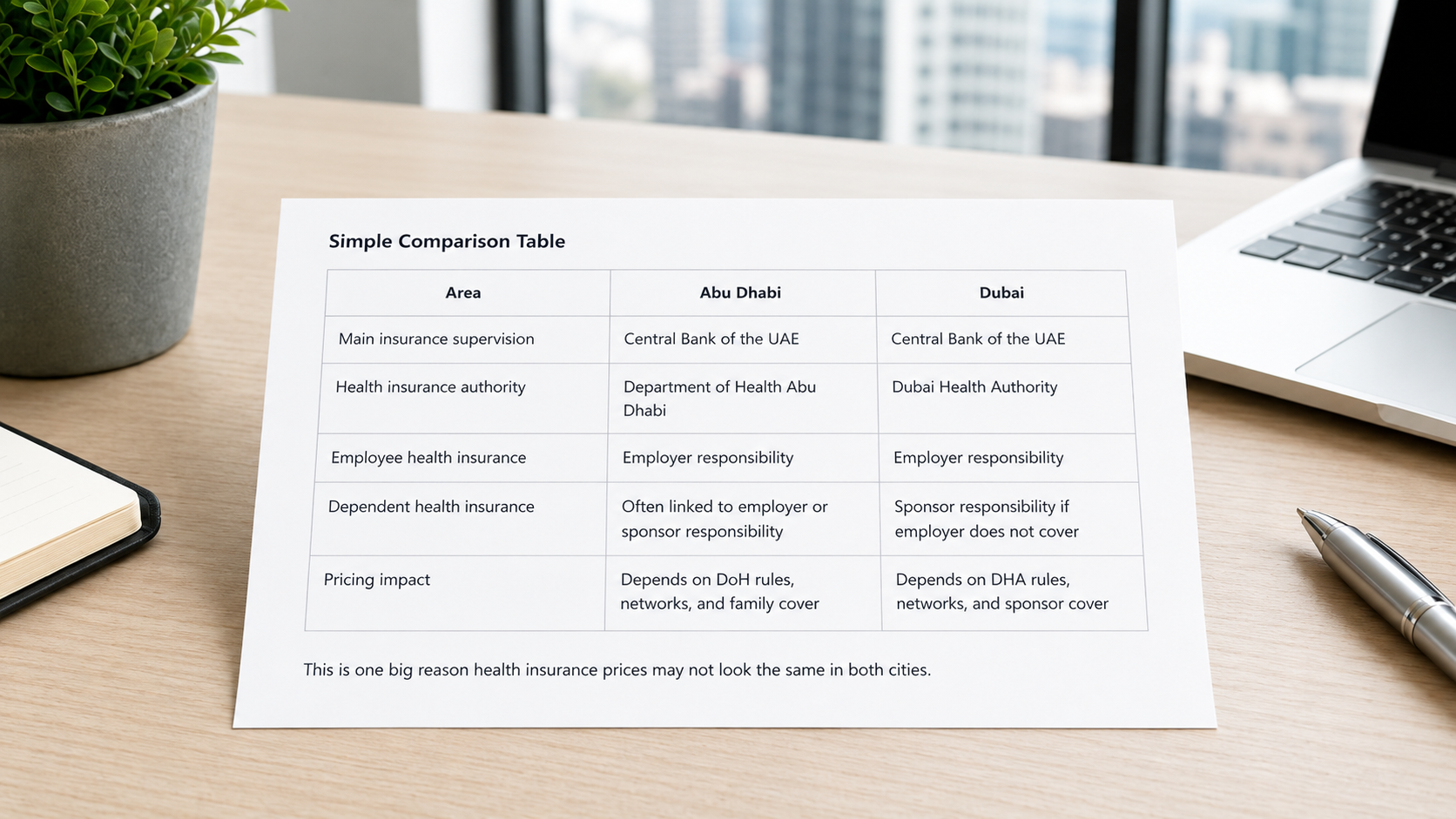 Straight paper on a modern desk showing a clear Abu Dhabi and Dubai insurance comparison table.